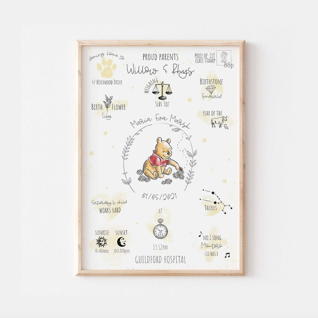 Winnie the Pooh | Personalised The Day You Were Born Newborn Print Disney Watercolour Bedroom Nursery Decor Baby Gift Mothers Day Pixar