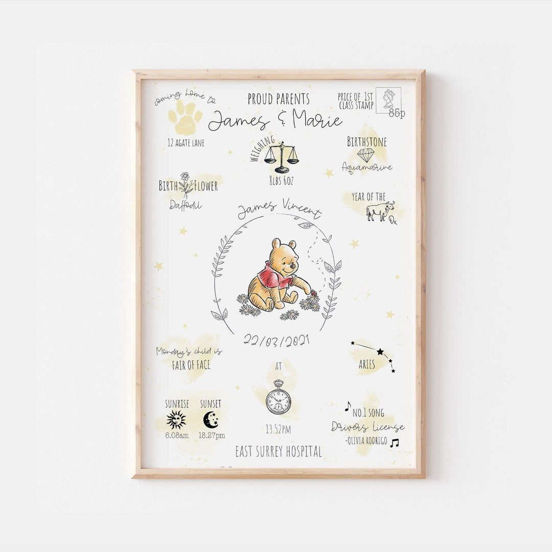 Winnie the Pooh | Personalised The Day You Were Born Newborn Print Disney Watercolour Bedroom Nursery Decor Baby Gift Mothers Day Pixar