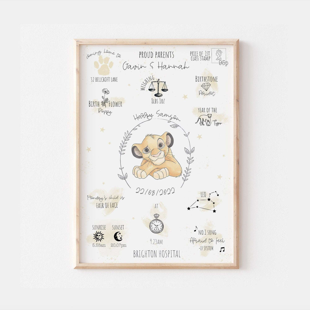 Personalised The Day You Were Born Newborn Print | The Lion King Nala Simba Disney Watercolour Bedroom Nursery Decor Baby Gift Mothers Day