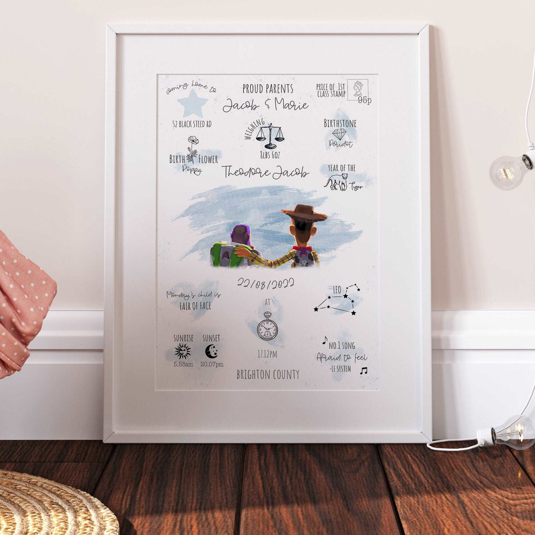 Personalised The Day You Were Born Newborn Print | Toy Story Buzz Woody Disney Watercolour Bedroom Nursery Decor Baby Gift Mothers Day