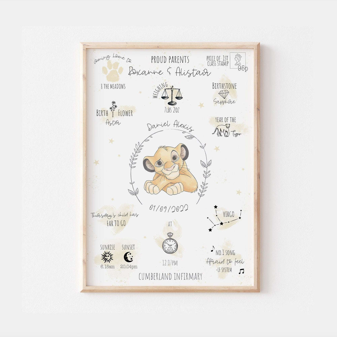 Personalised The Day You Were Born Newborn Print | The Lion King Nala Simba Disney Watercolour Bedroom Nursery Decor Baby Gift Mothers Day