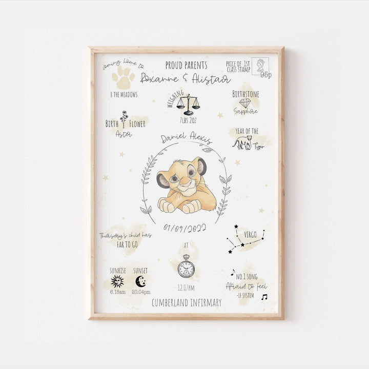 Personalised The Day You Were Born Newborn Print | The Lion King Nala Simba Disney Watercolour Bedroom Nursery Decor Baby Gift Mothers Day