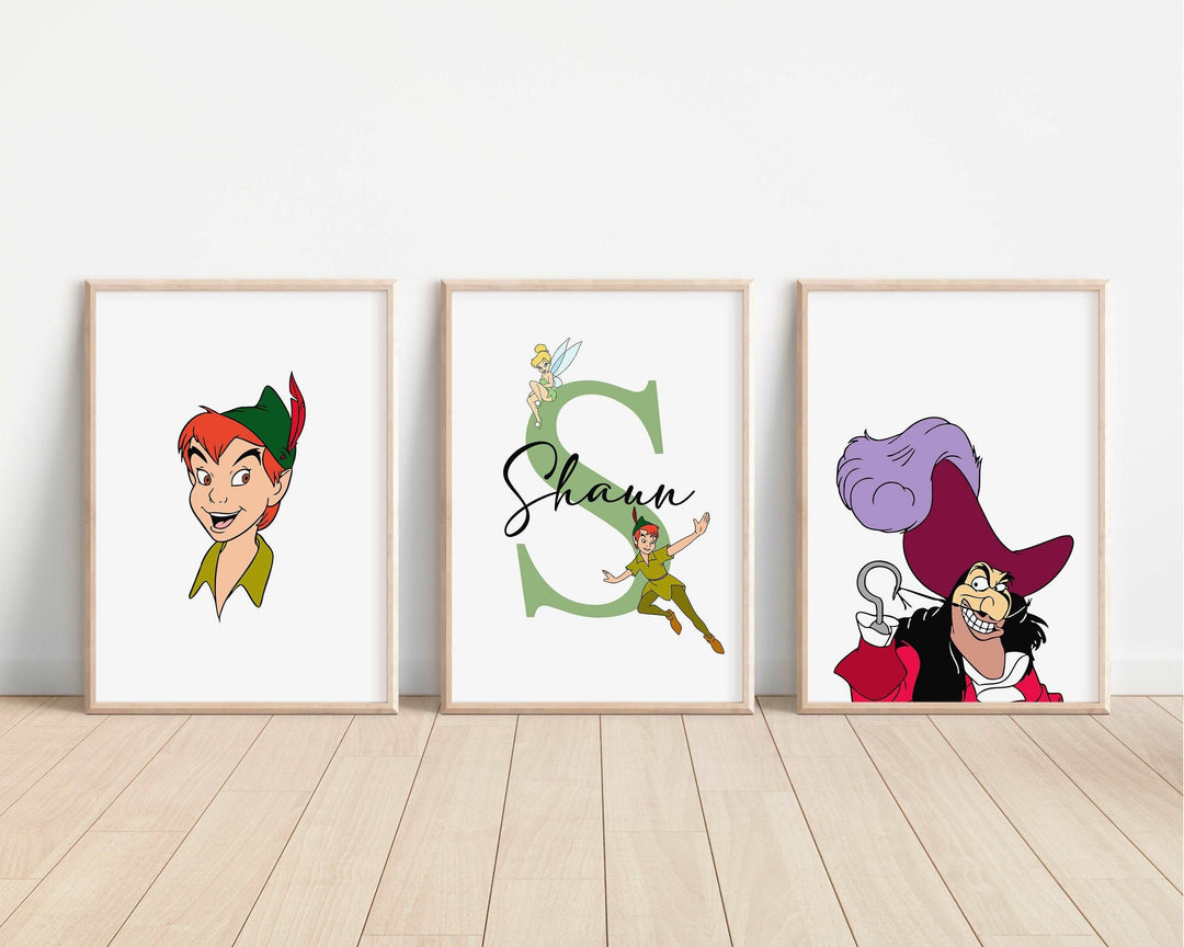 SET OF 3 Peter Pan Personalised Print | Hook Neverland Wendy Tinkerbell Bedroom Print Kids Children Nursery Bedroom Art Wall Disney Pixar