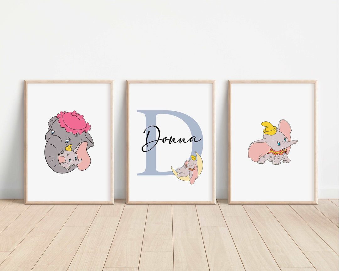 SET OF 3 Dumbo Personalised Prints | Flying Elephant Mother Circus Bedroom Print Kids Children Nursery Bedroom Art Wall Disney Pixar