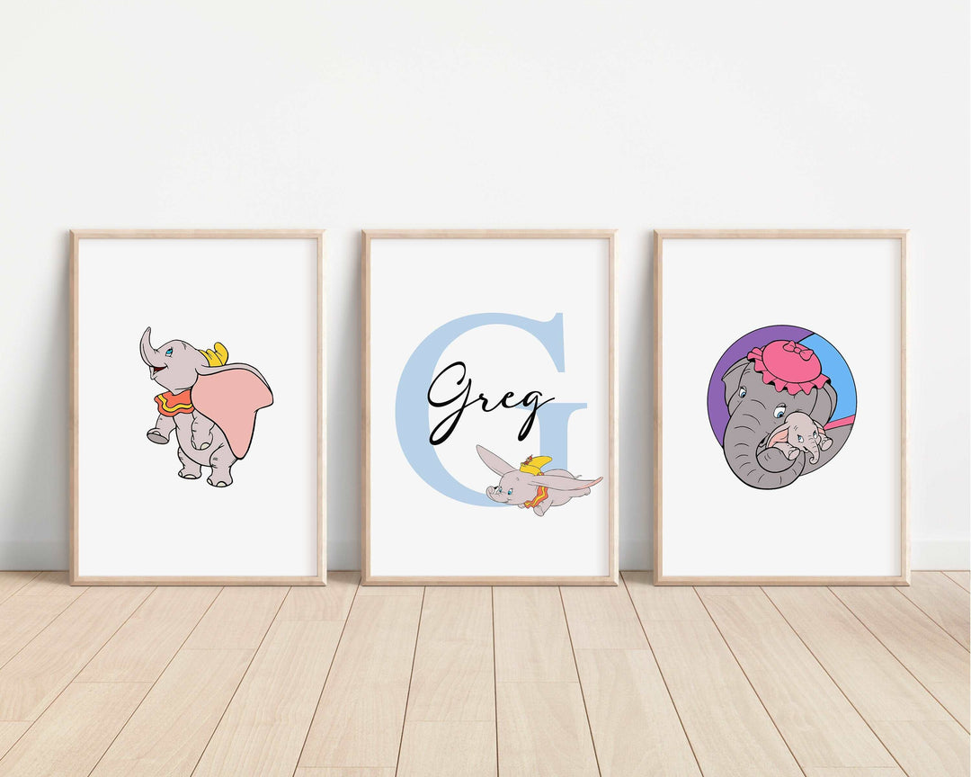 SET OF 3 Dumbo Personalised Prints | Flying Elephant Mother Circus Bedroom Print Kids Children Nursery Bedroom Art Wall Disney Pixar