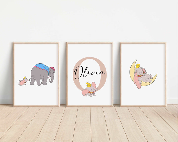 SET OF 3 Dumbo Personalised Prints | Flying Elephant Mother Circus Bedroom Print Kids Children Nursery Bedroom Art Wall Disney Pixar