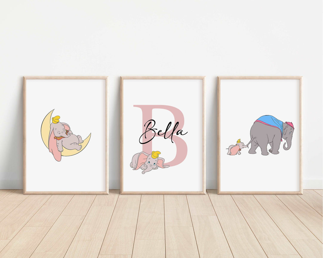 SET OF 3 Dumbo Personalised Prints | Flying Elephant Mother Circus Bedroom Print Kids Children Nursery Bedroom Art Wall Disney Pixar