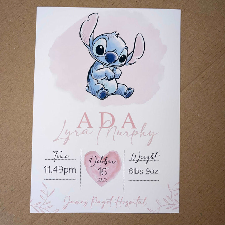 Personalised The Day You Were Born | Baby Stitch Disney Newborn Lilo Print Watercolour Bedroom Nursery Decor Baby Gift Poster Baby Shower