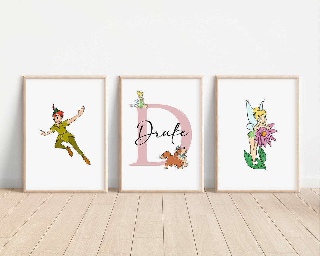 SET OF 3 Peter Pan Personalised Print | Hook Neverland Wendy Tinkerbell Bedroom Print Kids Children Nursery Bedroom Art Wall Disney Pixar