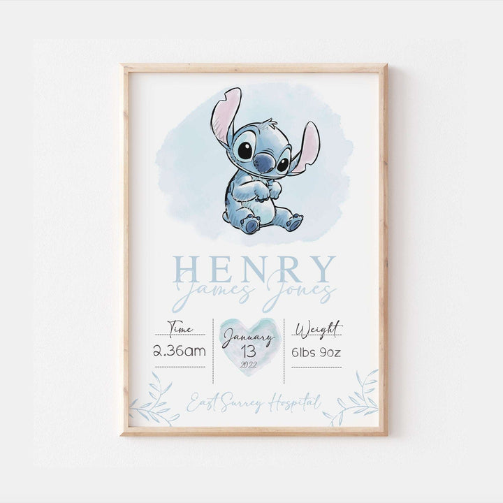 Personalised The Day You Were Born | Baby Stitch Disney Newborn Lilo Print Watercolour Bedroom Nursery Decor Baby Gift Poster Baby Shower