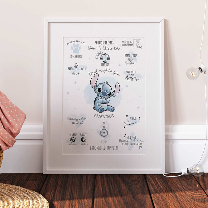 Personalised The Day You Were Born Newborn Print Lilo & Stitch Alien Disney Watercolour Bedroom Nursery Baby Gift Poster Shower Mothers Day