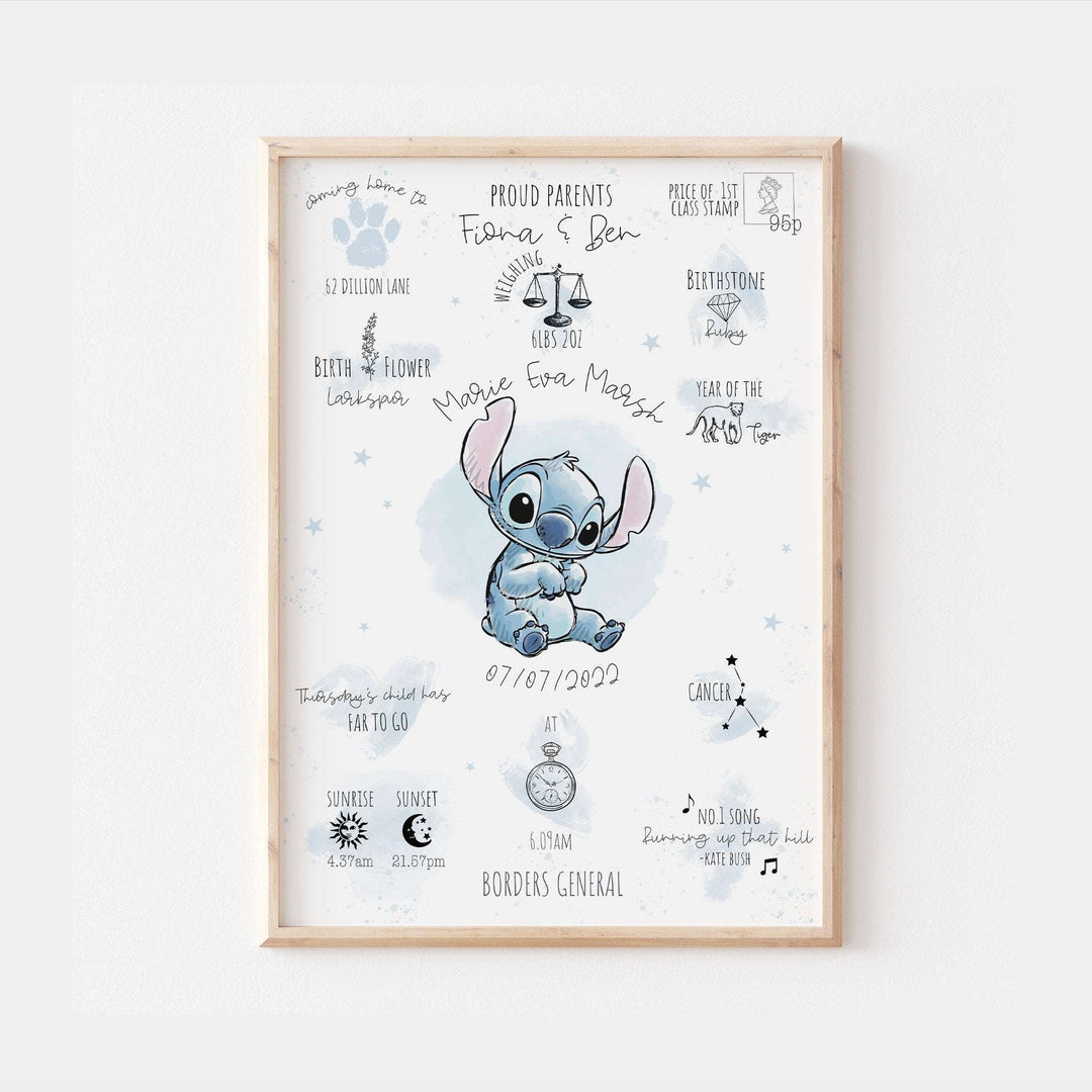 Personalised The Day You Were Born Newborn Print Lilo & Stitch Alien Disney Watercolour Bedroom Nursery Baby Gift Poster Shower Mothers Day