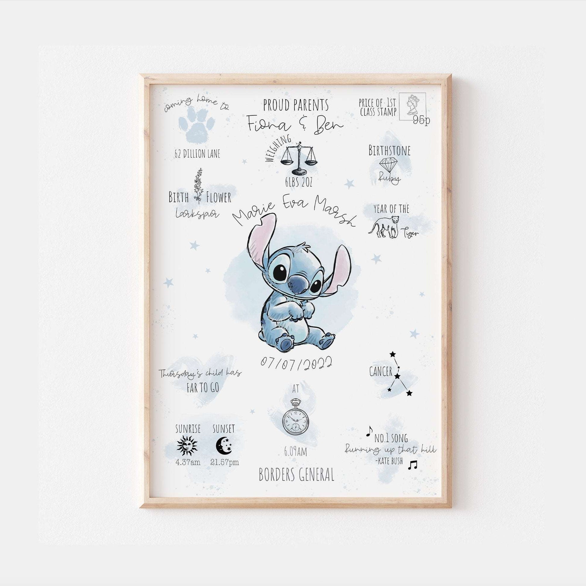 Personalised The Day You Were Born Newborn Print Lilo & Stitch Alien Disney Watercolour Bedroom Nursery Baby Gift Poster Shower Mothers Day
