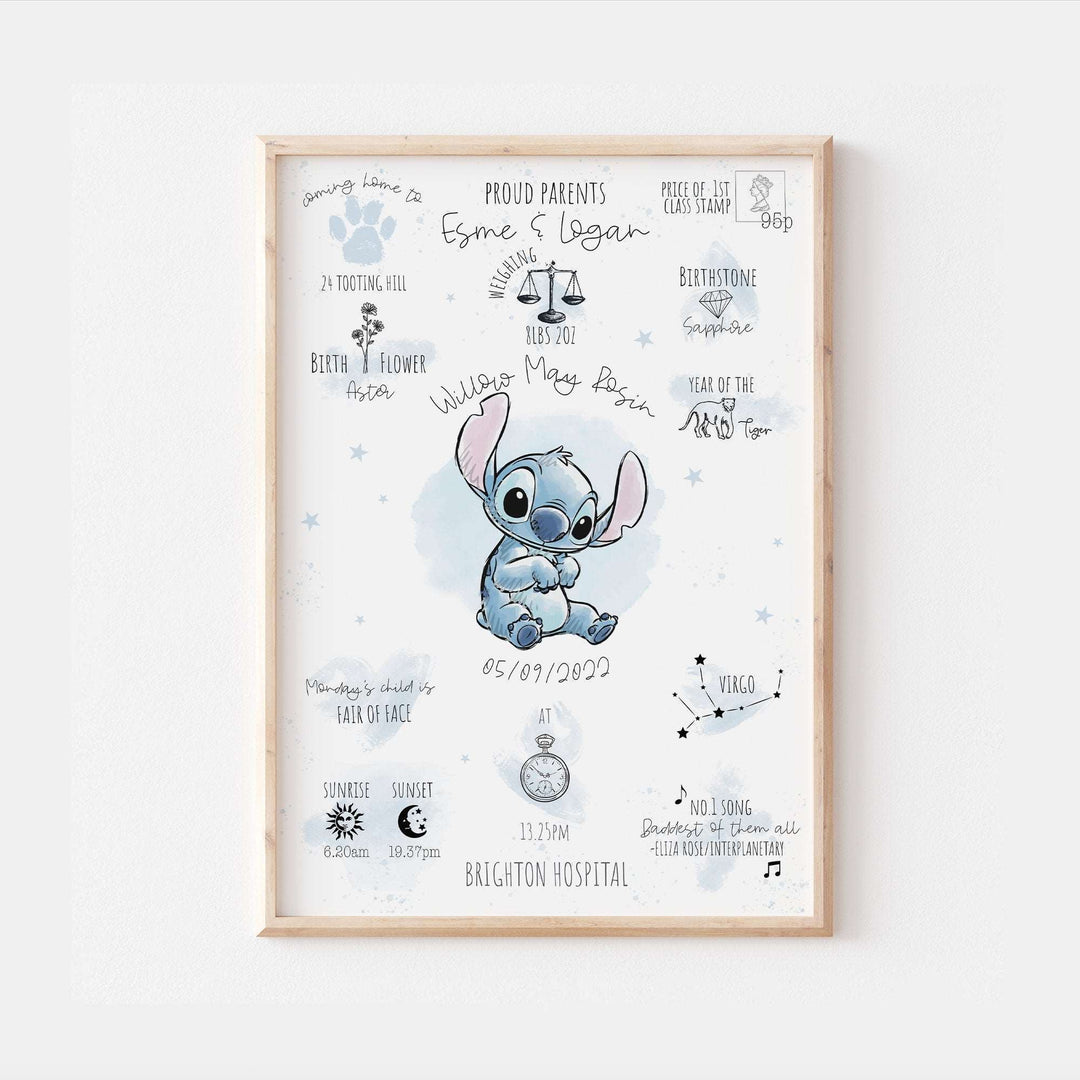 Personalised The Day You Were Born Newborn Print Lilo & Stitch Alien Disney Watercolour Bedroom Nursery Baby Gift Poster Shower Mothers Day