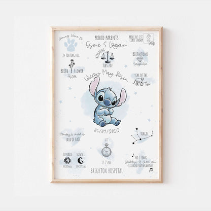 Personalised The Day You Were Born Newborn Print Lilo & Stitch Alien Disney Watercolour Bedroom Nursery Baby Gift Poster Shower Mothers Day