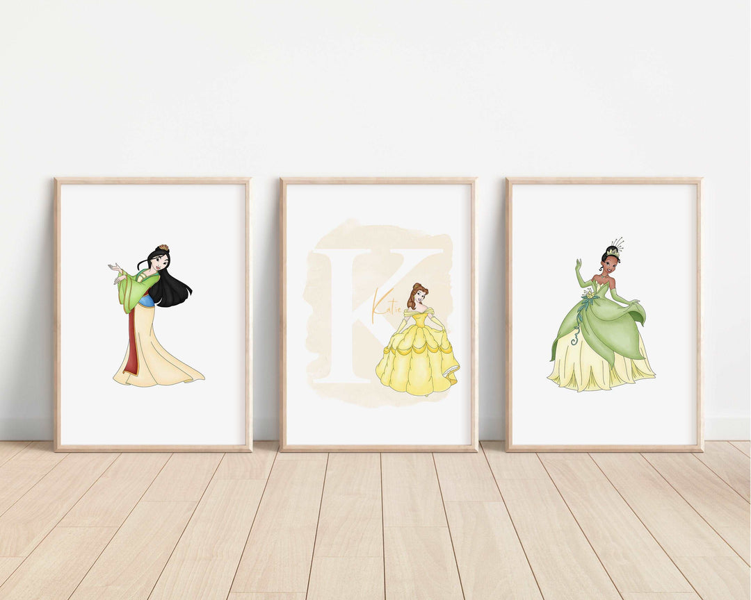 SET OF 3 Disney Princesses Personalised Print | Elsa Anna Ariel Snow White Belle Bedroom Kids Children Nursery Bedroom Art Wall Disney Pixar