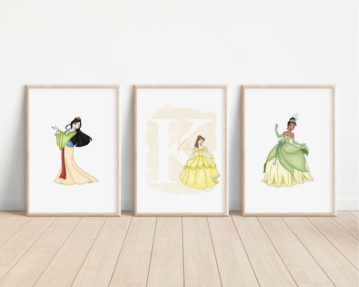 SET OF 3 Disney Princesses Personalised Print | Elsa Anna Ariel Snow White Belle Bedroom Kids Children Nursery Bedroom Art Wall Disney Pixar