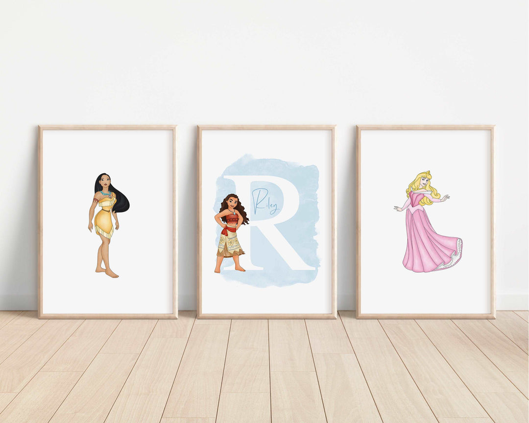 SET OF 3 Disney Princesses Personalised Print | Elsa Anna Ariel Snow White Belle Bedroom Kids Children Nursery Bedroom Art Wall Disney Pixar