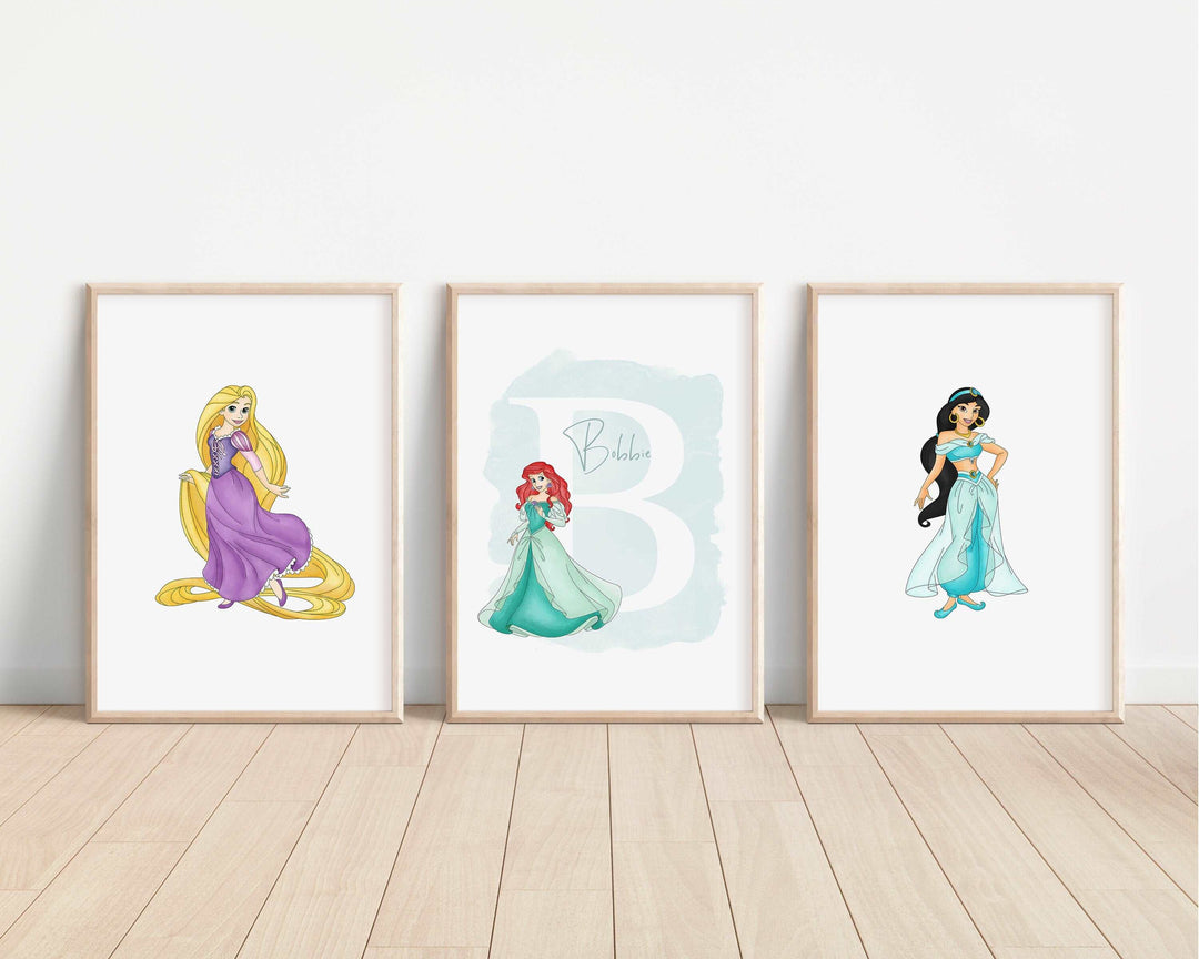 SET OF 3 Disney Princesses Personalised Print | Elsa Anna Ariel Snow White Belle Bedroom Kids Children Nursery Bedroom Art Wall Disney Pixar