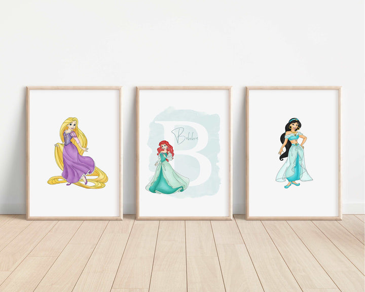 SET OF 3 Disney Princesses Personalised Print | Elsa Anna Ariel Snow White Belle Bedroom Kids Children Nursery Bedroom Art Wall Disney Pixar