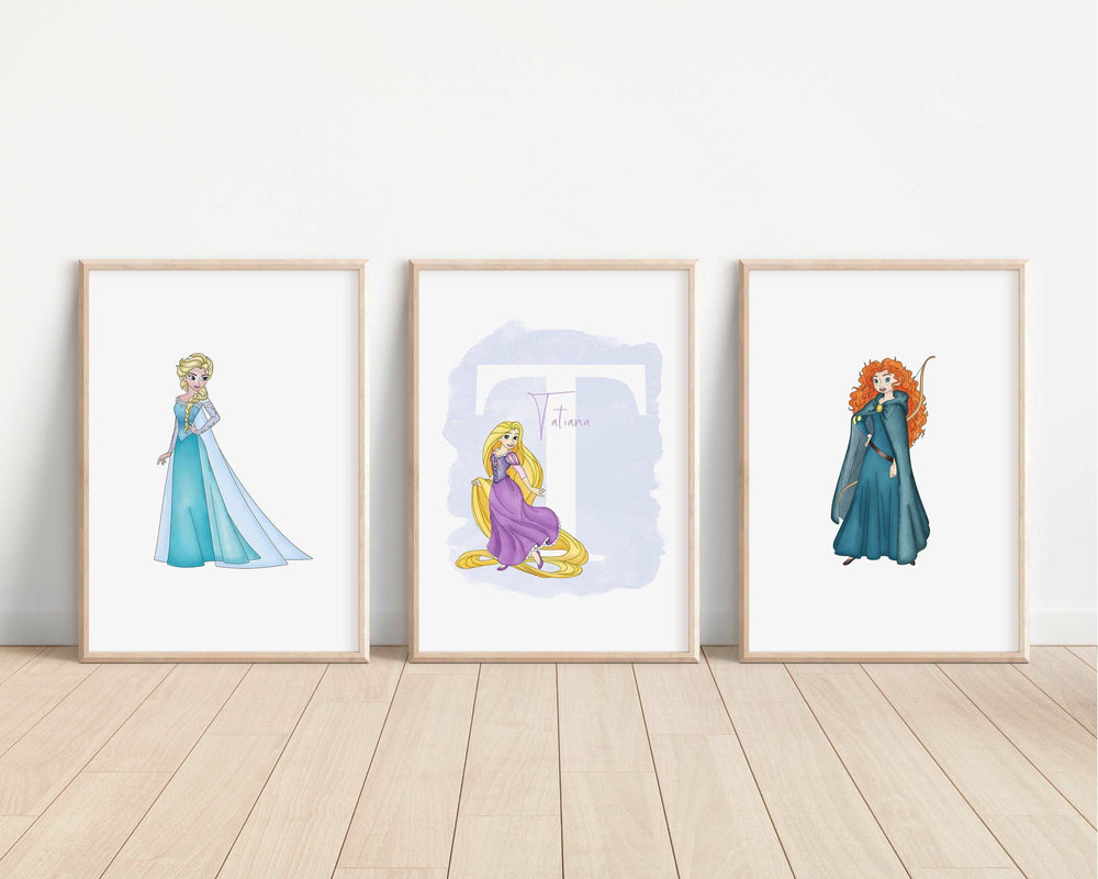 SET OF 3 Disney Princesses Personalised Print | Elsa Anna Ariel Snow White Belle Bedroom Kids Children Nursery Bedroom Art Wall Disney Pixar