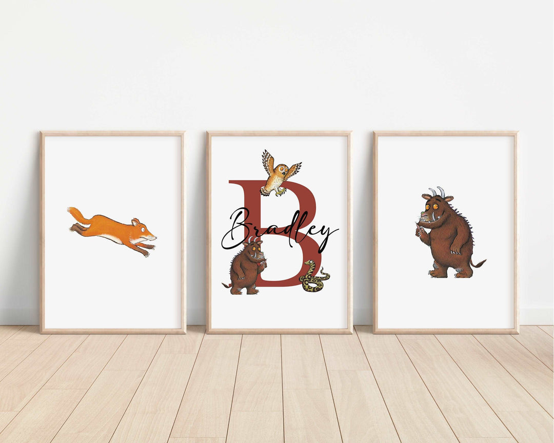 SET OF 3 The Gruffalo Personalised Print | Snake Owl Mouse Baby Gruff Story Tale Quote Bedroom Print Kids Children Nursery Bedroom Art Wall