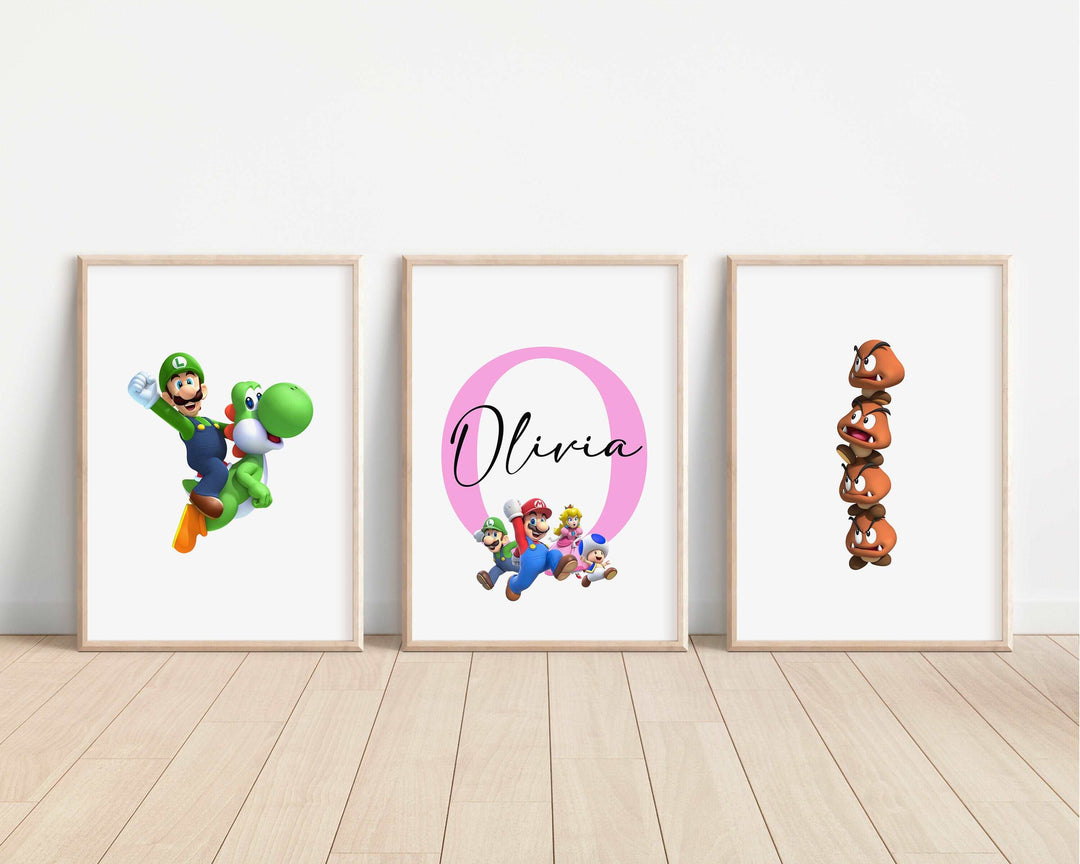 SET OF 3 Mario Bros Personalised Print | Kart Luigi Princess Peach Bowser Bedroom Print Kids Children Nursery Bedroom Art Wall Disney Pixar