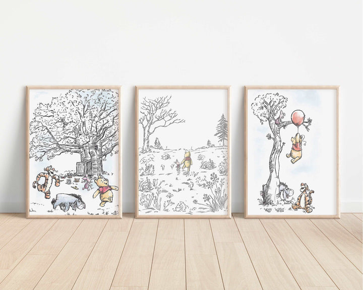 SET OF 3 Winnie the Pooh Prints | Eeyore Tigger Piglet Friends | Christopher Robin Disney Pixar Nursery Bedroom Baby Wall Art Decor