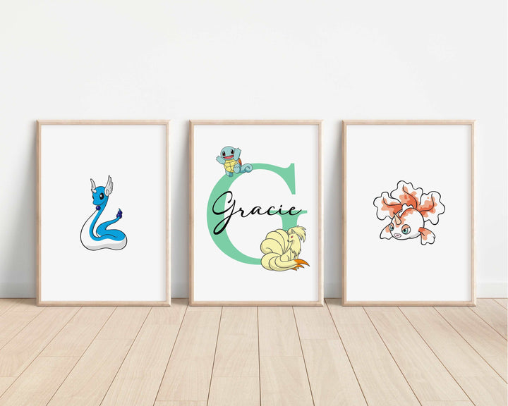 SET OF 3 Pokemon Personalised Print | Pikachu Charizard Squirtle Ash Bedroom Print Kids Children Nursery Bedroom Art Wall Disney Pixar