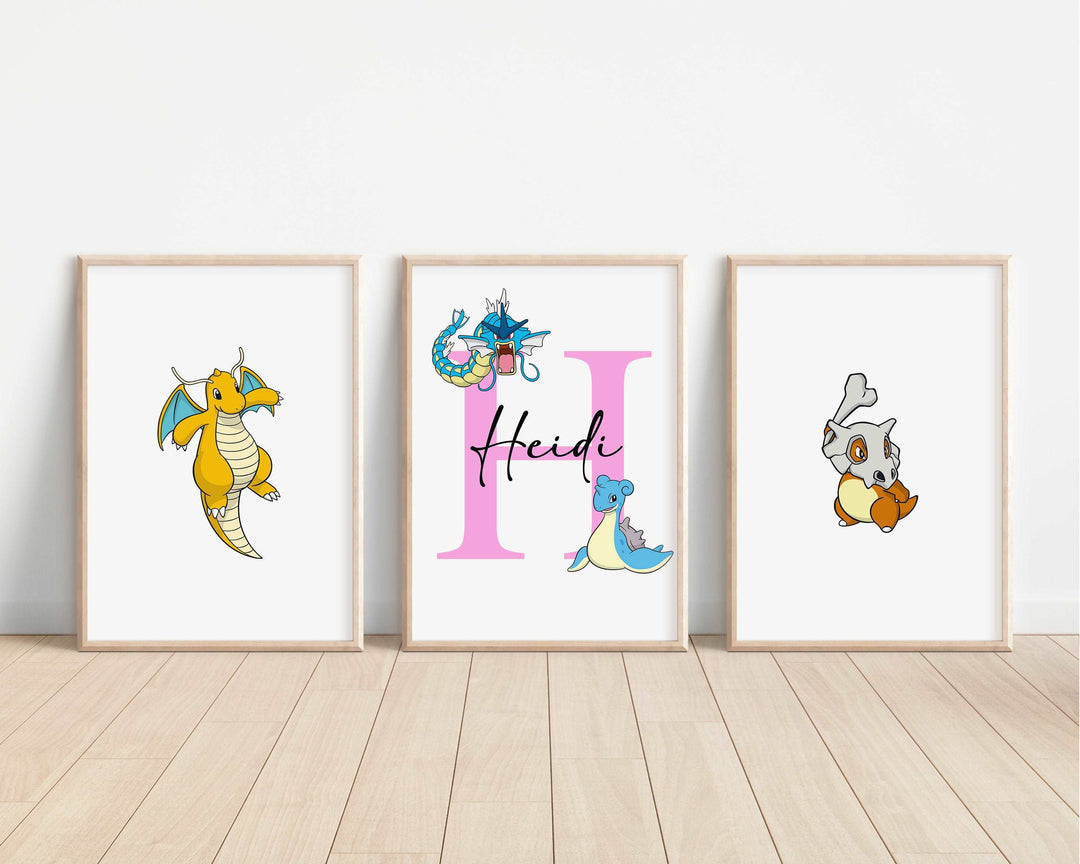 SET OF 3 Pokemon Personalised Print | Pikachu Charizard Squirtle Ash Bedroom Print Kids Children Nursery Bedroom Art Wall Disney Pixar