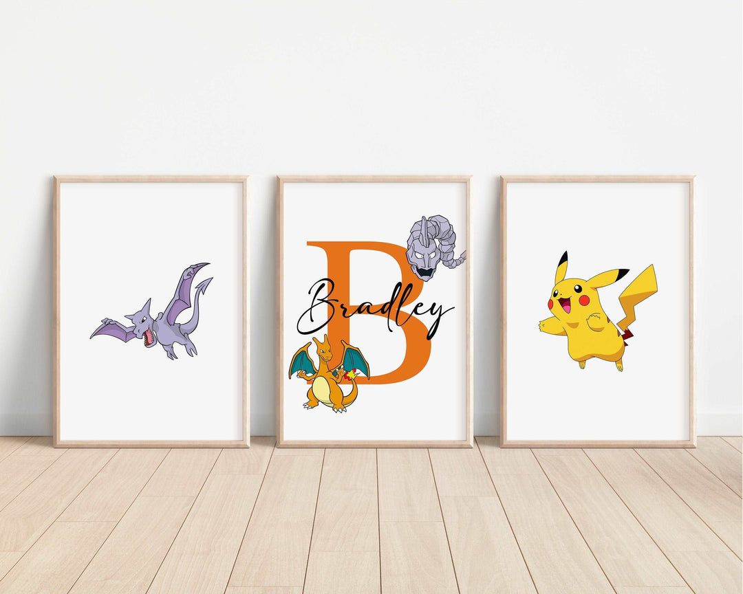 SET OF 3 Pokemon Personalised Print | Pikachu Charizard Squirtle Ash Bedroom Print Kids Children Nursery Bedroom Art Wall Disney Pixar