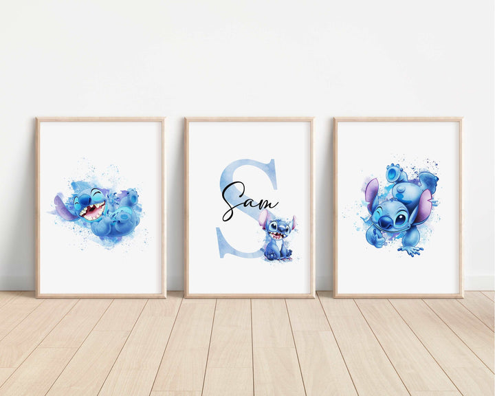 SET OF 3 Personalised Lilo & Stitch Watercolour Print | Hawaii Ohana Quote Bedroom Print Kids Children Nursery Bedroom Art Wall Disney Pixar