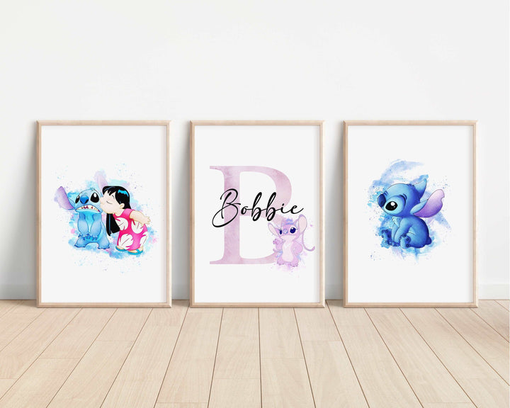 SET OF 3 Personalised Lilo & Stitch Watercolour Print | Hawaii Ohana Quote Bedroom Print Kids Children Nursery Bedroom Art Wall Disney Pixar