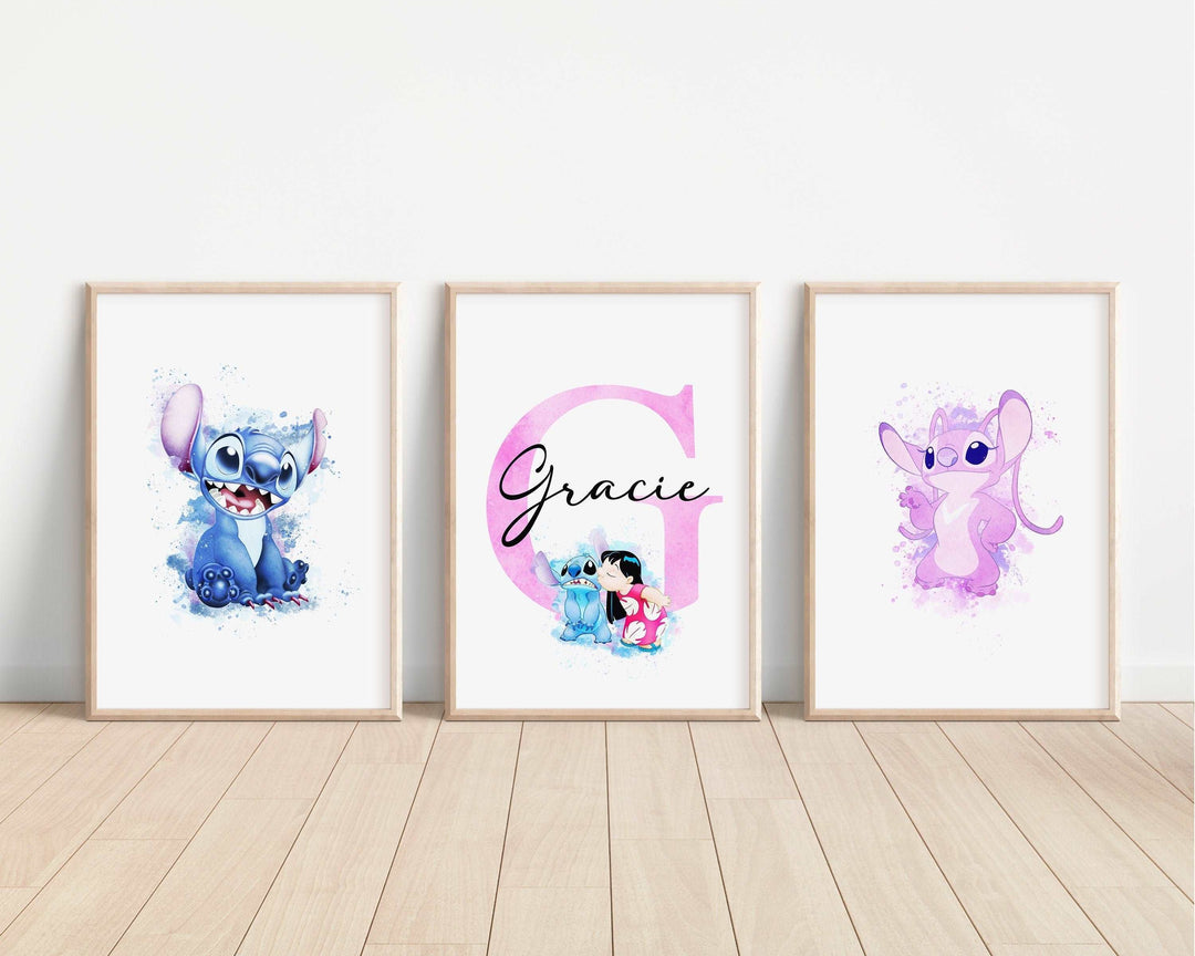 SET OF 3 Personalised Lilo & Stitch Watercolour Print | Hawaii Ohana Quote Bedroom Print Kids Children Nursery Bedroom Art Wall Disney Pixar