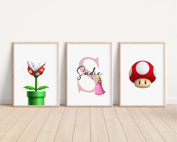 SET OF 3 Mario Bros Personalised Print | Kart Luigi Princess Peach Bowser Bedroom Print Kids Children Nursery Bedroom Art Wall Disney Pixar