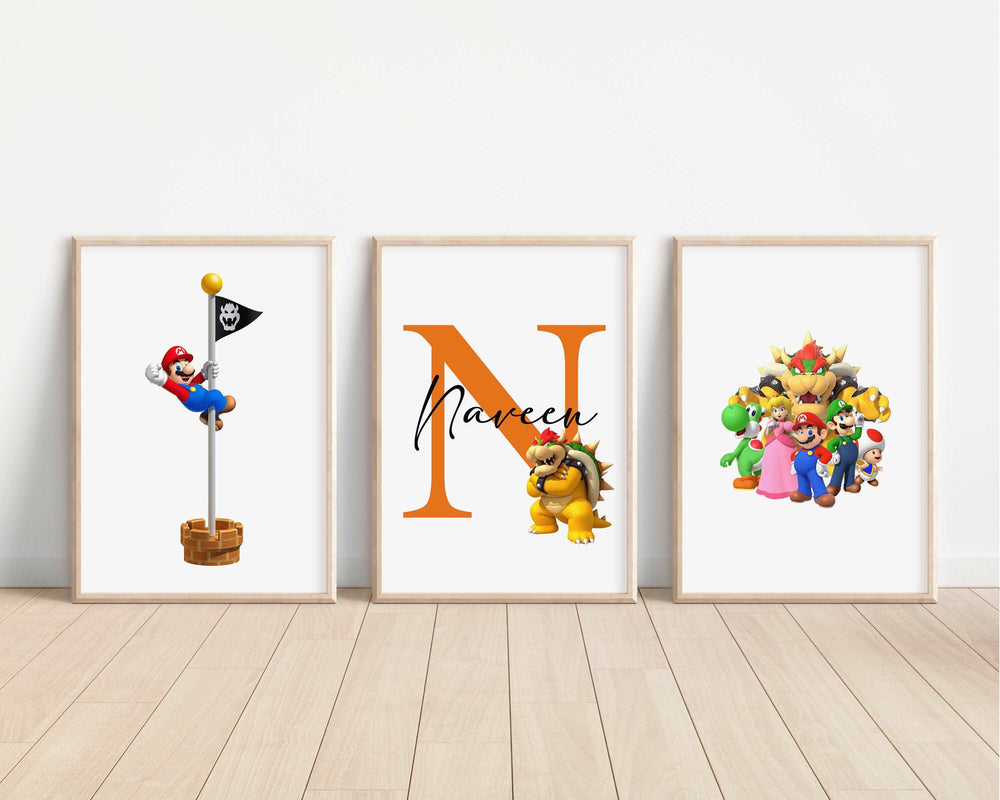 SET OF 3 Mario Bros Personalised Print | Kart Luigi Princess Peach Bowser Bedroom Print Kids Children Nursery Bedroom Art Wall Disney Pixar