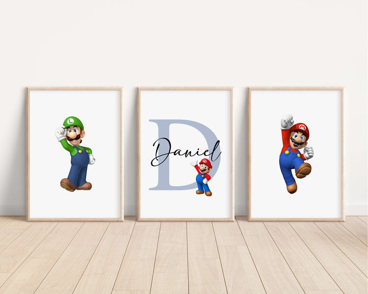 SET OF 3 Mario Bros Personalised Print | Kart Luigi Princess Peach Bowser Bedroom Print Kids Children Nursery Bedroom Art Wall Disney Pixar