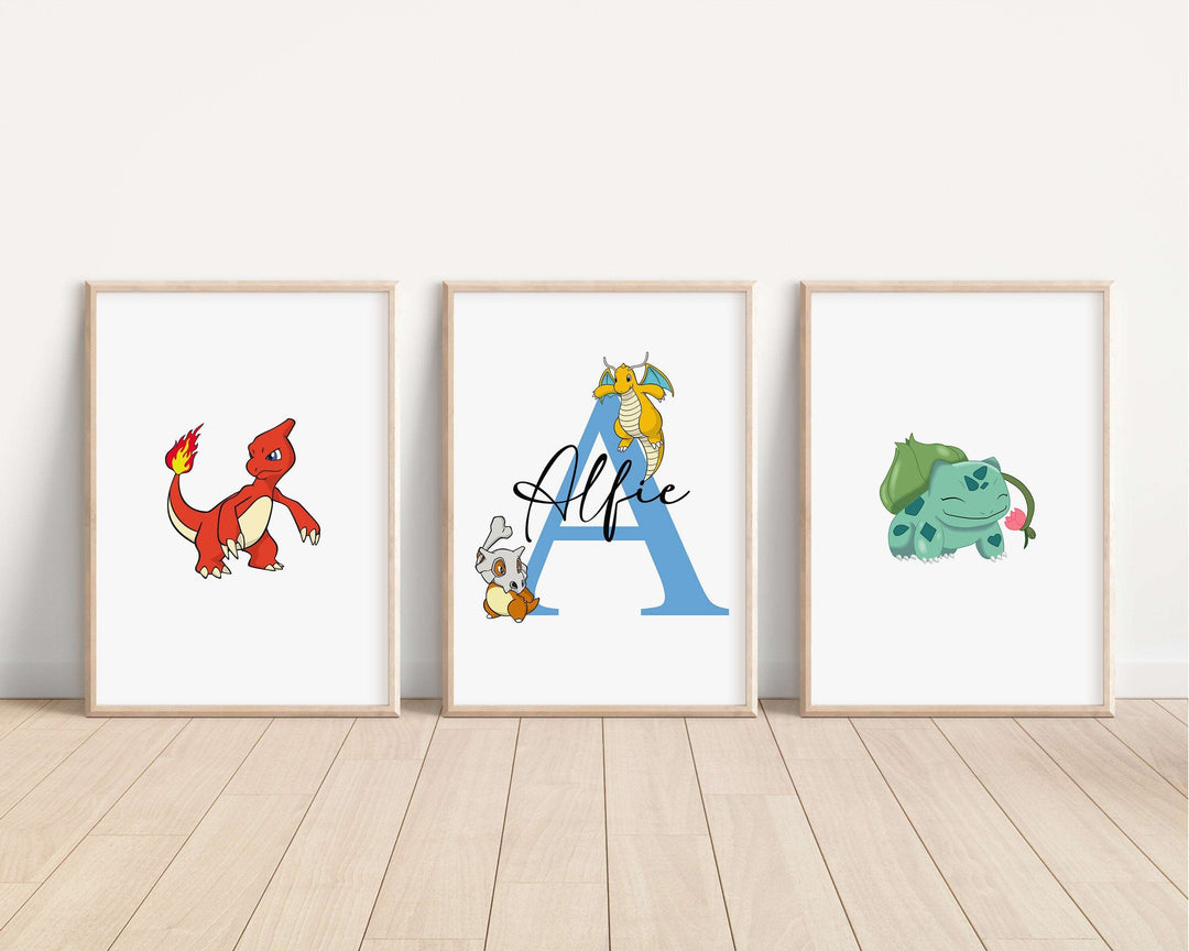 SET OF 3 Pokemon Personalised Print | Pikachu Charizard Squirtle Ash Bedroom Print Kids Children Nursery Bedroom Art Wall Disney Pixar