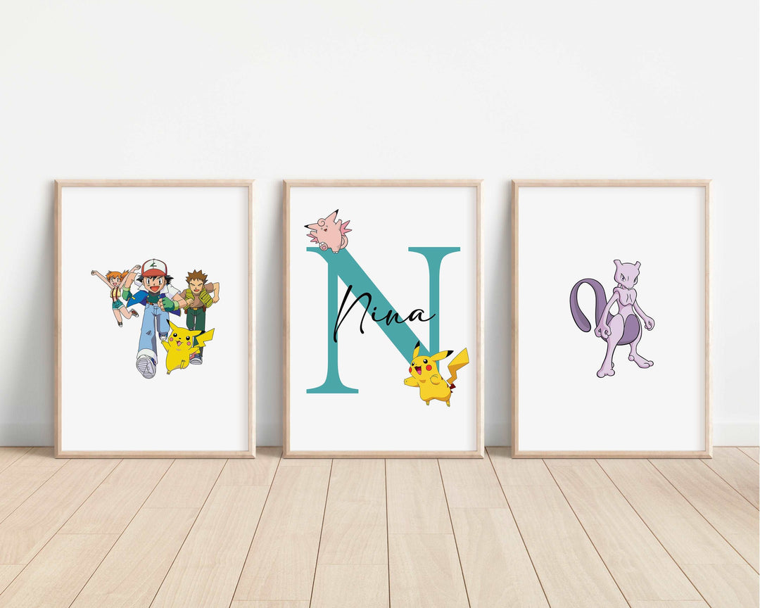 SET OF 3 Pokemon Personalised Print | Pikachu Charizard Squirtle Ash Bedroom Print Kids Children Nursery Bedroom Art Wall Disney Pixar