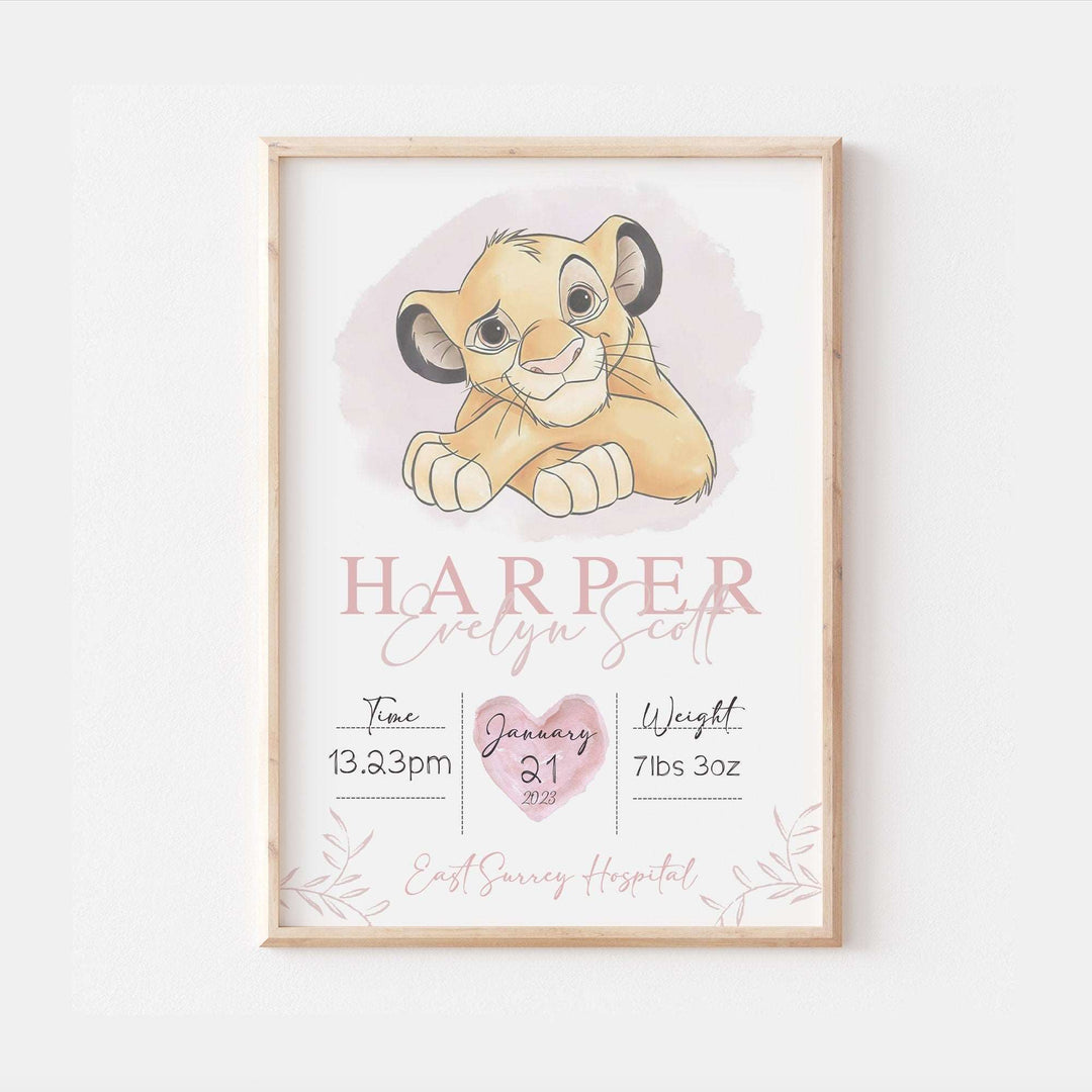 Personalised The Day You Were Born | Simba Nala Disney Newborn Print Watercolour Bedroom Nursery Decor Baby Gift Baby Shower Lion King