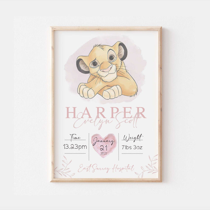 Personalised The Day You Were Born | Simba Nala Disney Newborn Print Watercolour Bedroom Nursery Decor Baby Gift Baby Shower Lion King