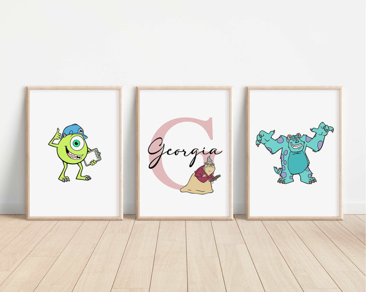 SET OF 3 Monsters Inc Personalised Print | Sulley Mike Boo Randall Bedroom Print Kids Children Nursery Bedroom Art Wall Disney Pixar