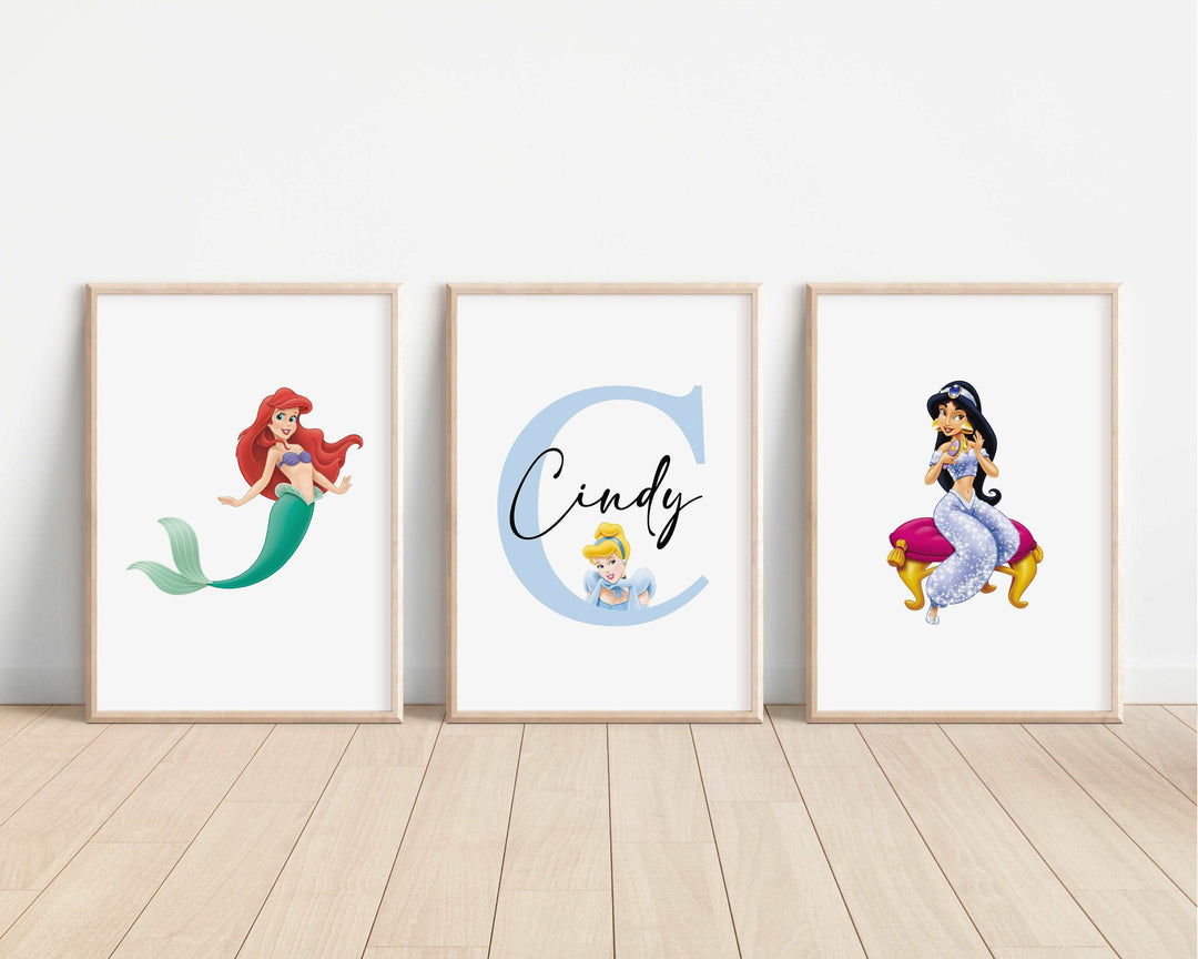 SET OF 3 Disney Princesses Personalised Print | Ariel Aurora Tiana Tangled Bedroom Print Kids Children Nursery Bedroom Art Wall Disney Pixar