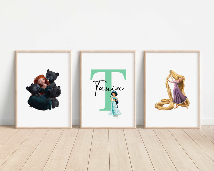 SET OF 3 Disney Princesses Personalised Print | Ariel Aurora Tiana Tangled Bedroom Print Kids Children Nursery Bedroom Art Wall Disney Pixar