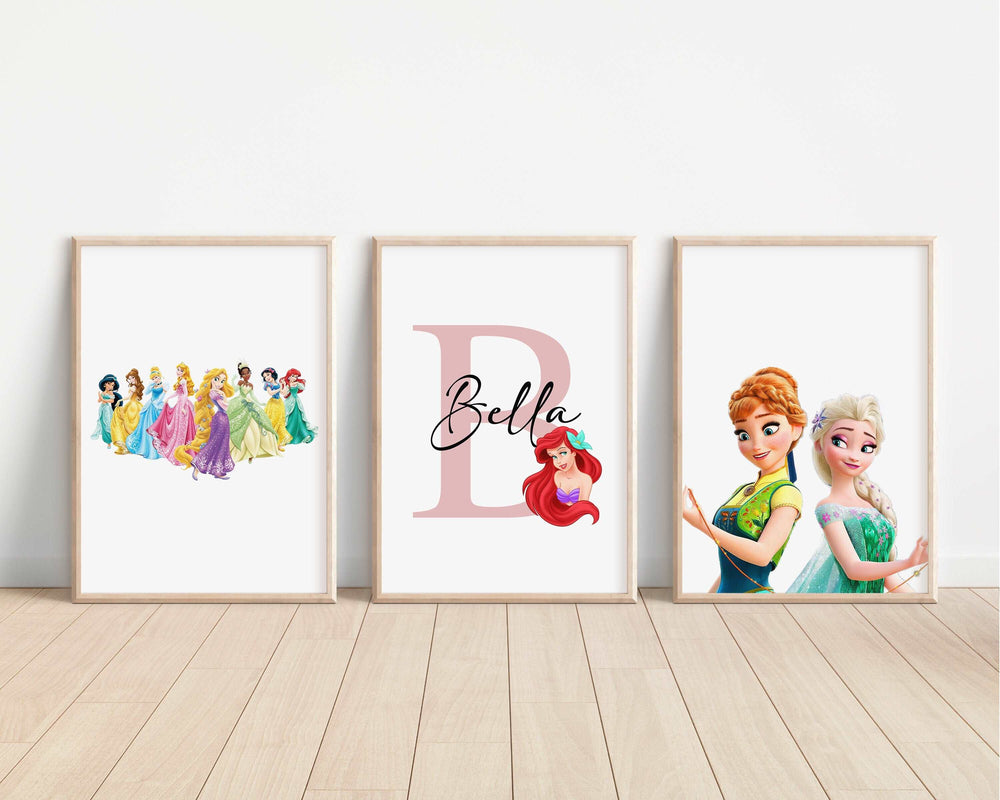 SET OF 3 Disney Princesses Personalised Print | Ariel Aurora Tiana Tangled Bedroom Print Kids Children Nursery Bedroom Art Wall Disney Pixar
