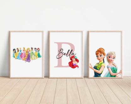 SET OF 3 Disney Princesses Personalised Print | Ariel Aurora Tiana Tangled Bedroom Print Kids Children Nursery Bedroom Art Wall Disney Pixar
