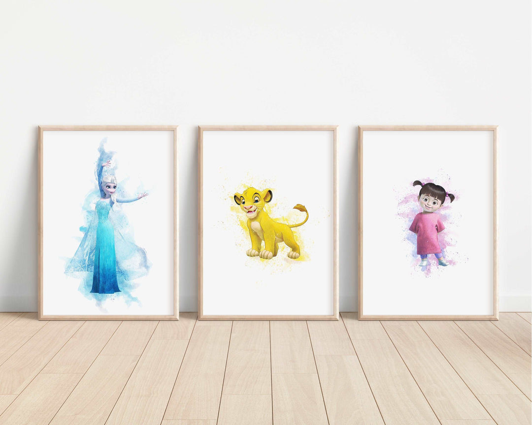 Watercolour Disney Prints | Simba Stitch Woody Peter Pan Sulley Boo Cars Bedroom Kid Children Newborn Baby Nursery Bedroom Wall Disney Pixar