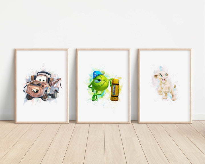 Watercolour Disney Prints | Simba Stitch Woody Peter Pan Sulley Boo Cars Bedroom Kid Children Newborn Baby Nursery Bedroom Wall Disney Pixar