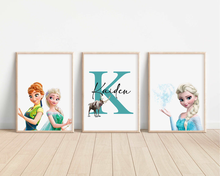 SET OF 3 Frozen Personalised Prints | Anna Elsa Sven Olaf Kristoff Princesses Bedroom Print Kids Children Nursery Bedroom Wall Disney Pixar