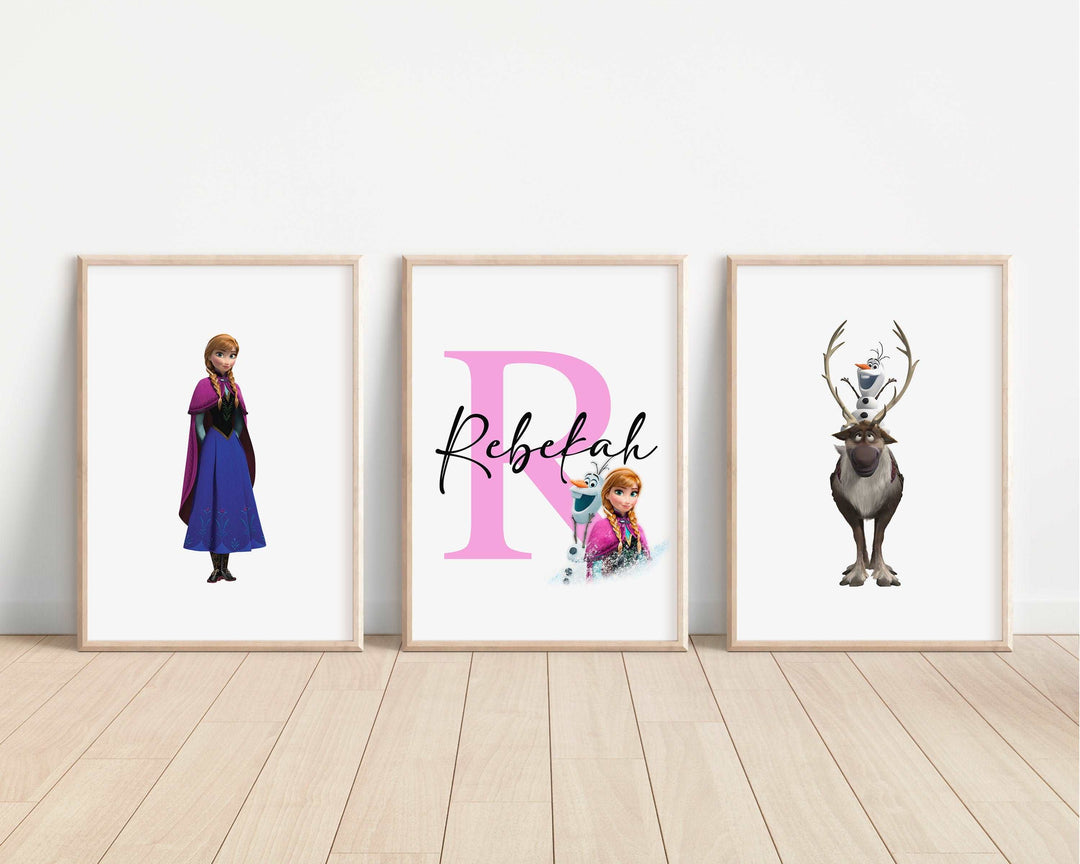 SET OF 3 Frozen Personalised Prints | Anna Elsa Sven Olaf Kristoff Princesses Bedroom Print Kids Children Nursery Bedroom Wall Disney Pixar